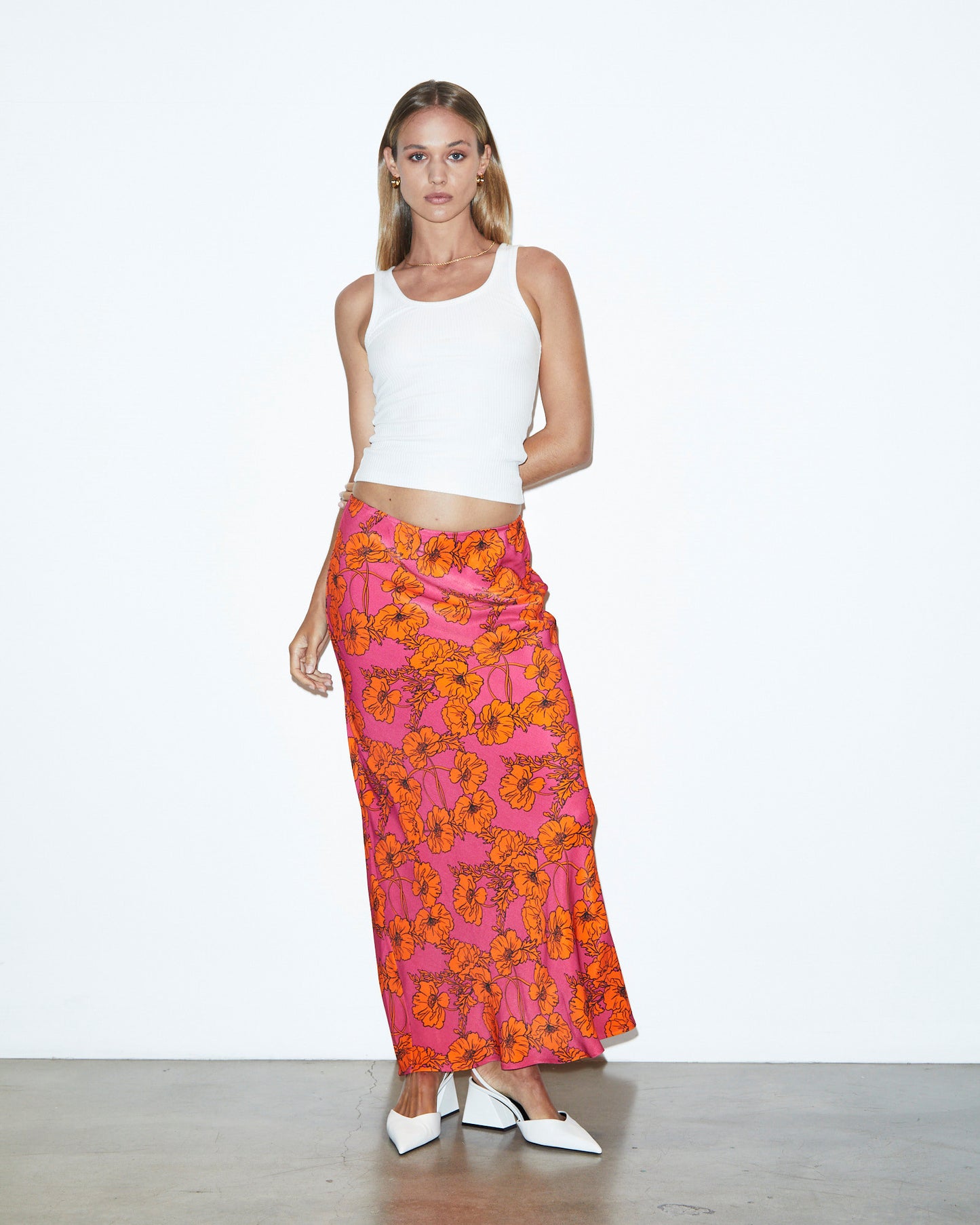 Penelope Bloom Low Rise Midi Skirt Pink