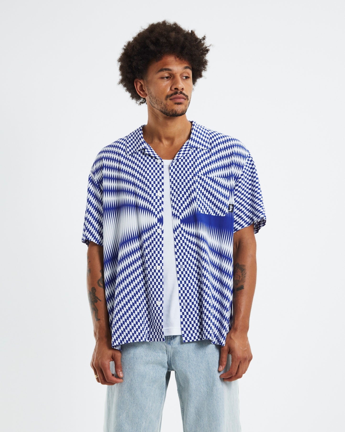 Pyschedelic Check Short Sleeve Shirt Blue