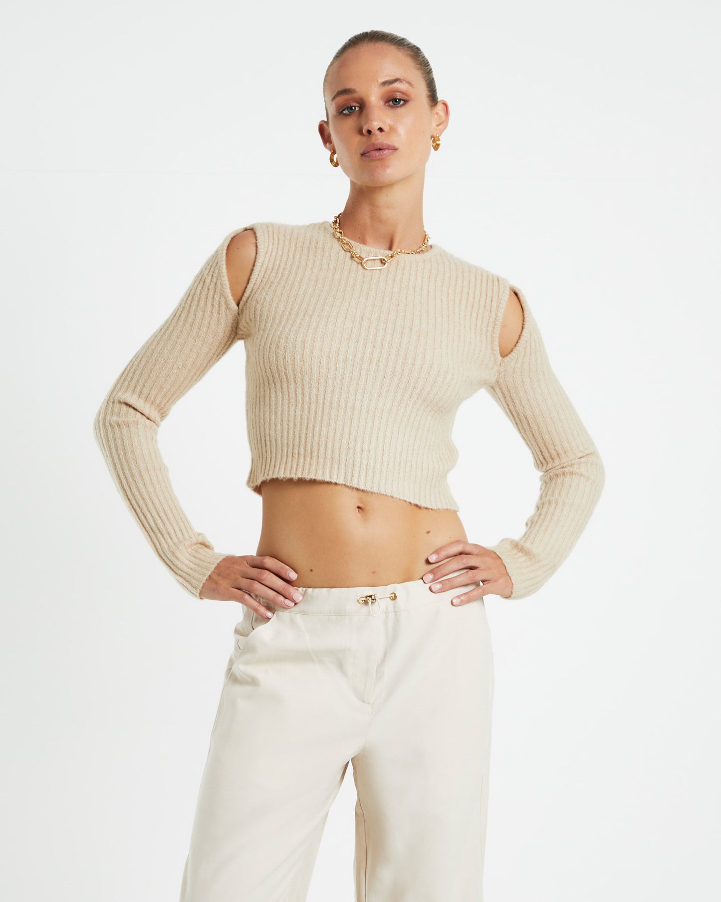 Vera Slash Long Sleeve Knit Top Oat