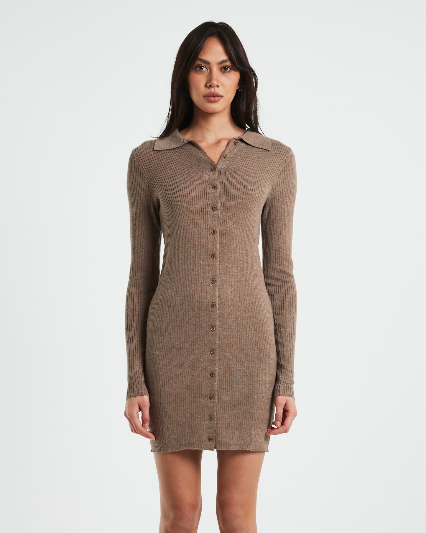 Caroline Long Sleeve Knit Mini Dress in Brown