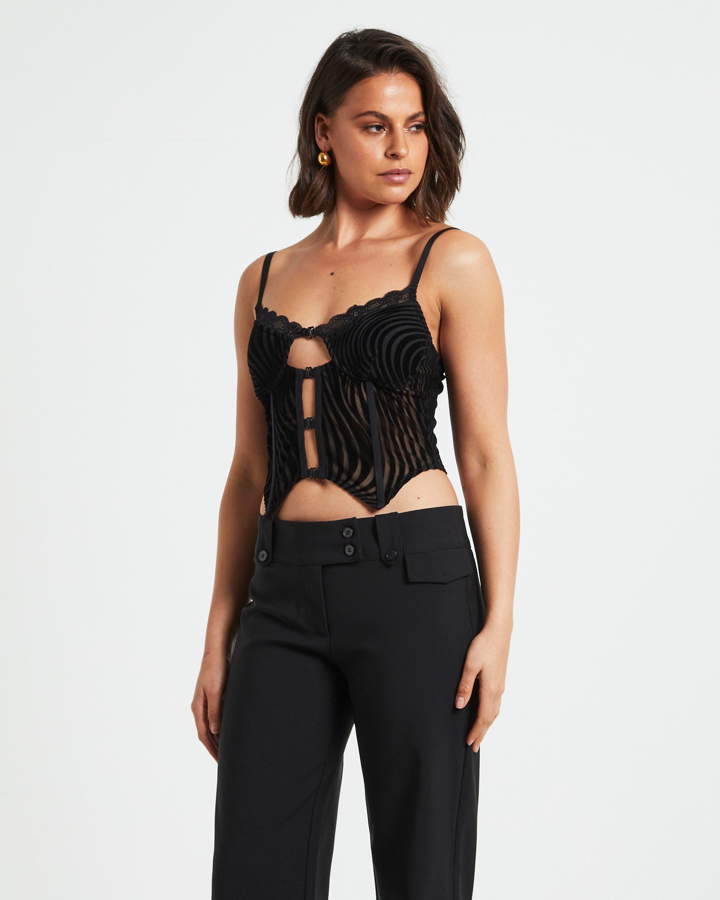 Ines Hook Front Devore Lace Cami Top in Black