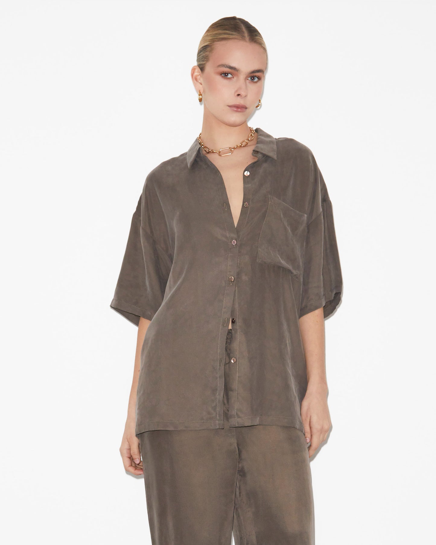 Ember Silky PJ Short Sleeve Shirt in Coffee Brown
