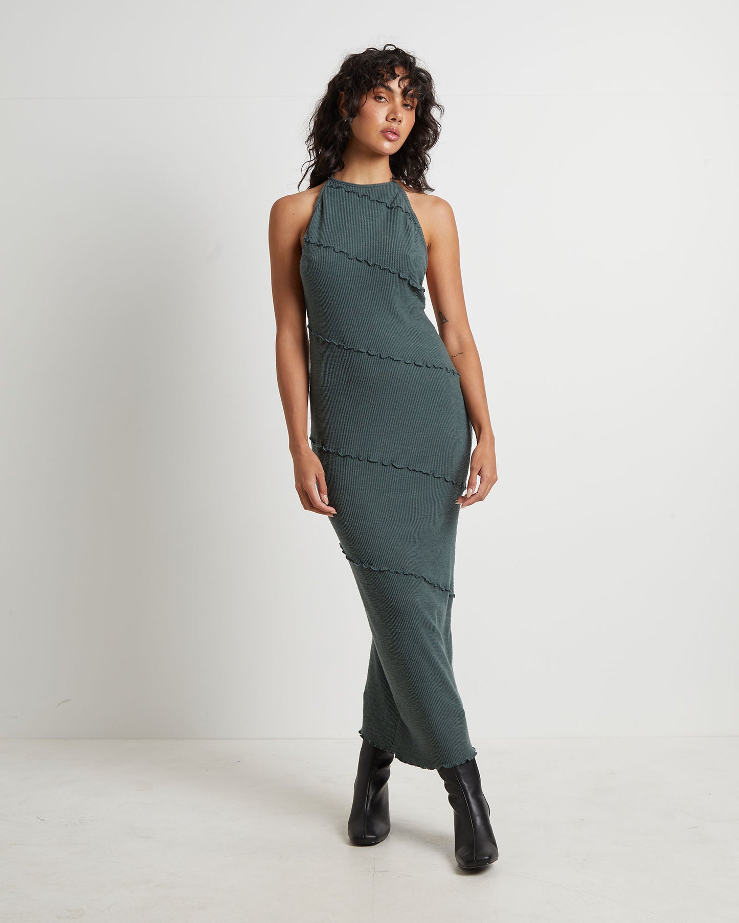 Daphne Panelled Seam Backless Halter Dress in Slate