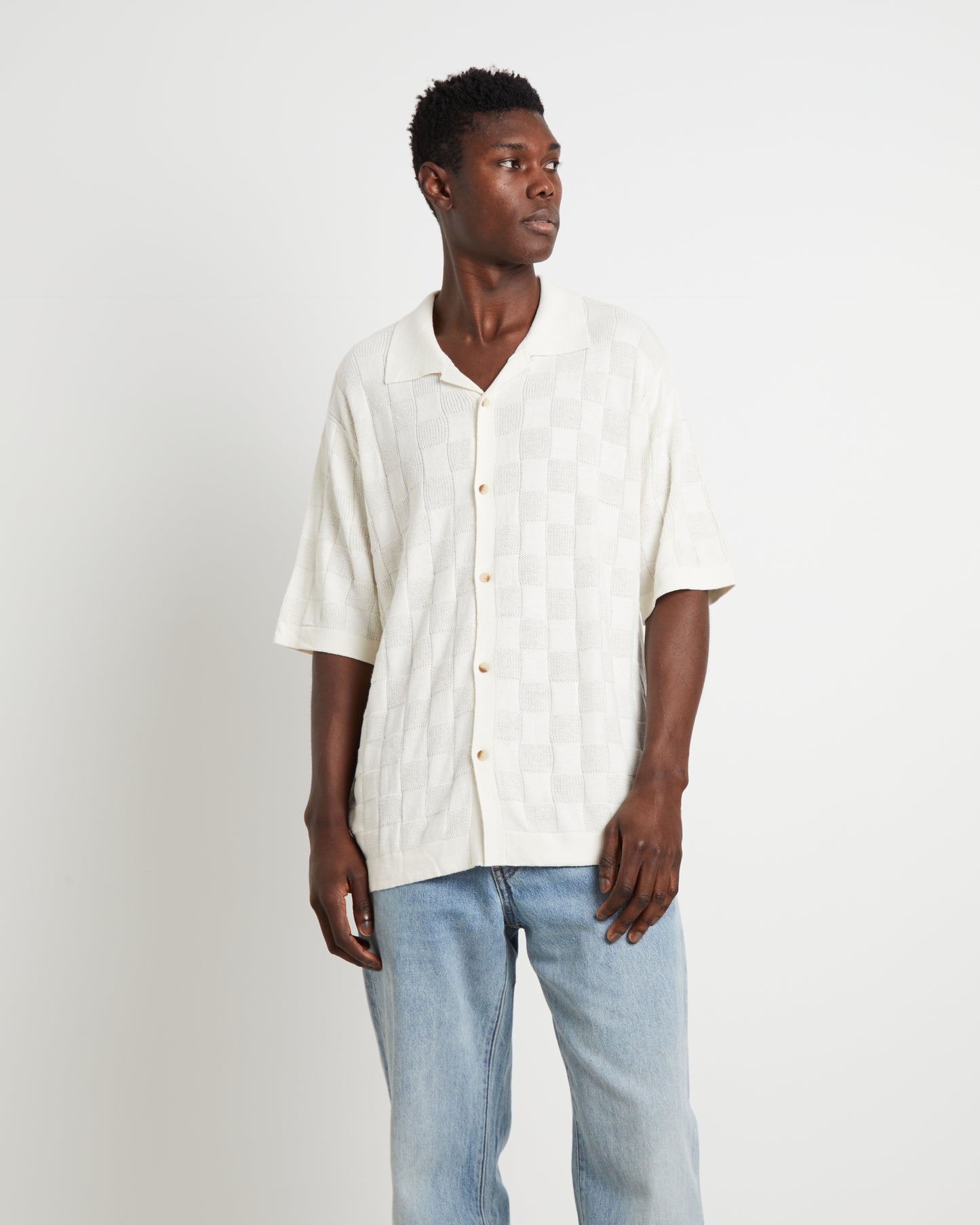 Checker Knit Short Sleeve Shirt in Natural