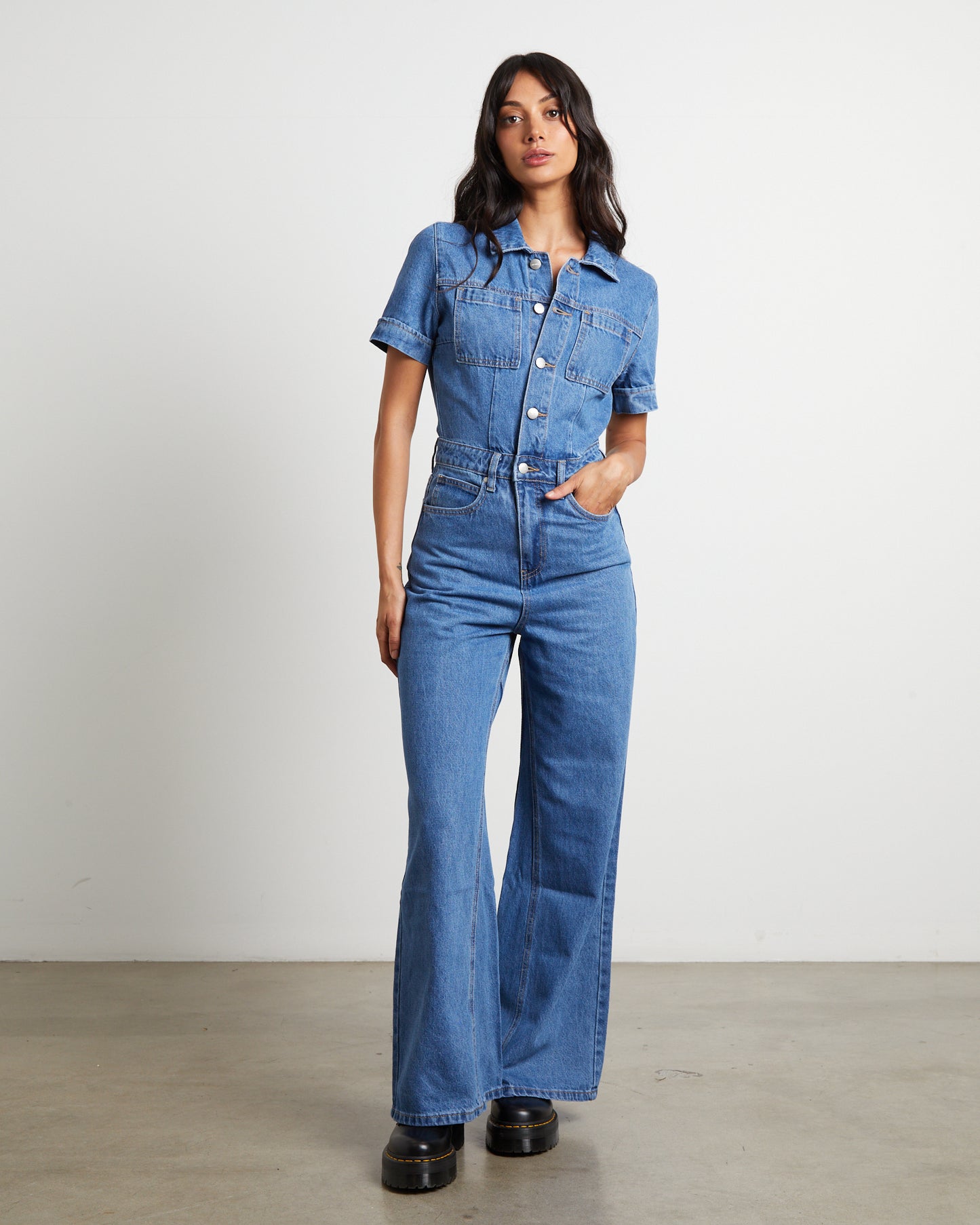 Miami Hemp Denim Flared Jumpsuit in Worn Blue