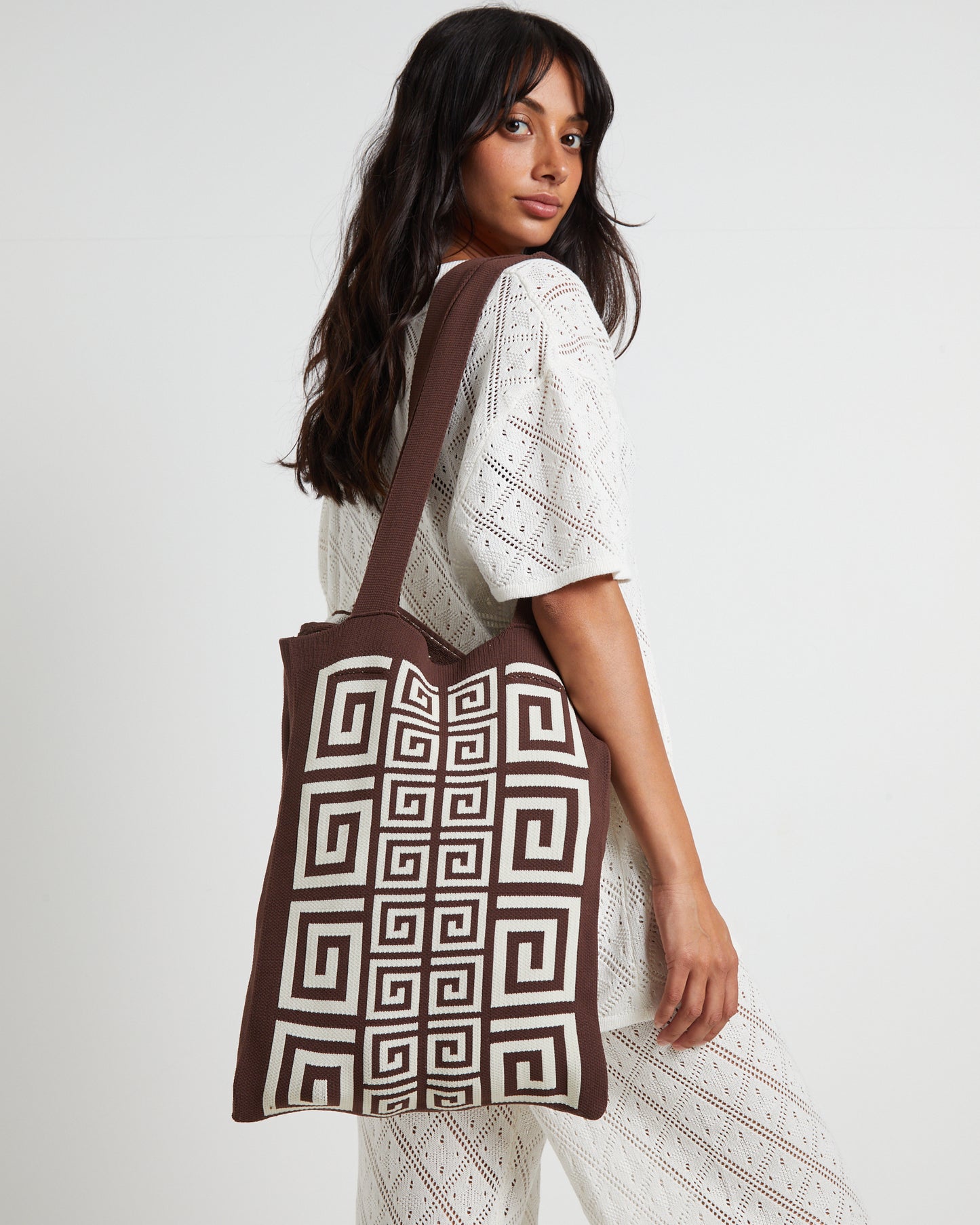 Riviera Border Jacquard Tote Bag in Chocolate Brown