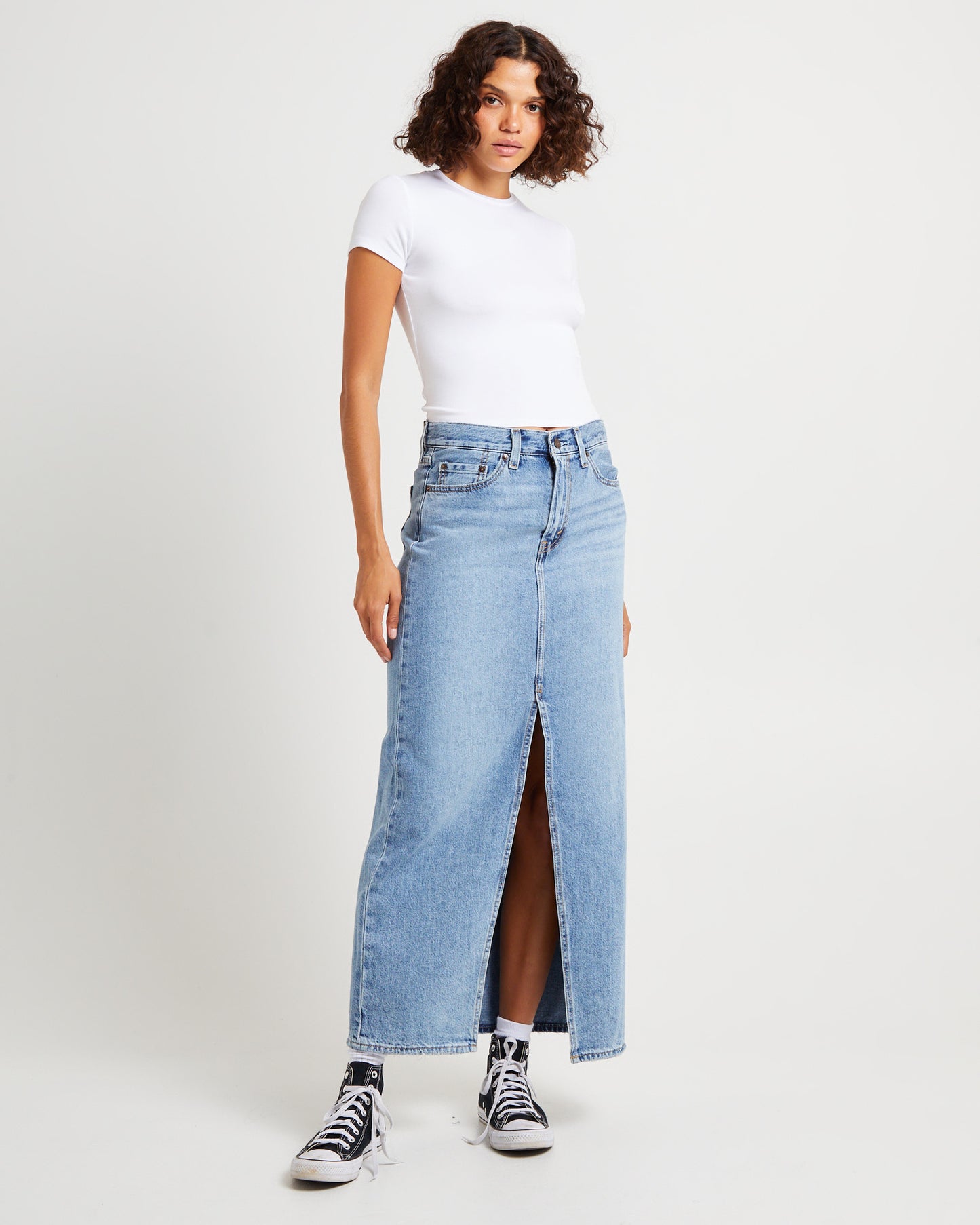 Ankle Column Denim Maxi Skirt Please Hold