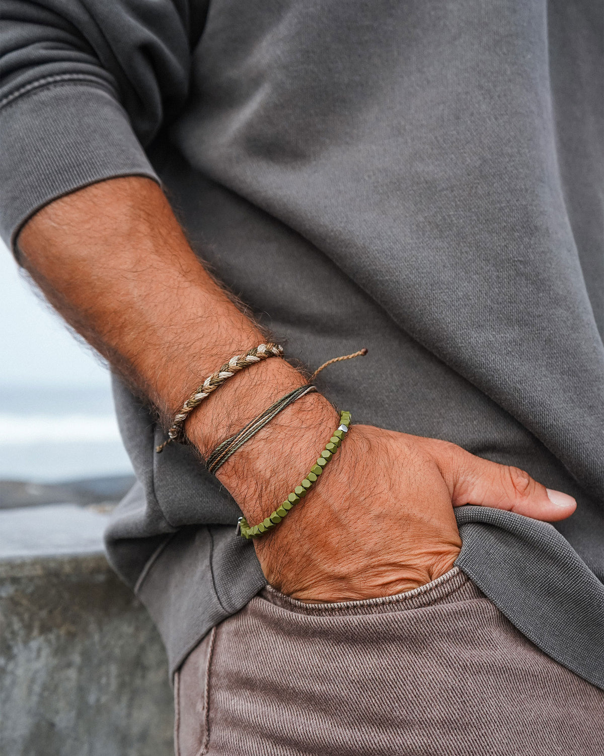 Men's Coated Hematite Stretch Bracelet OLIVE