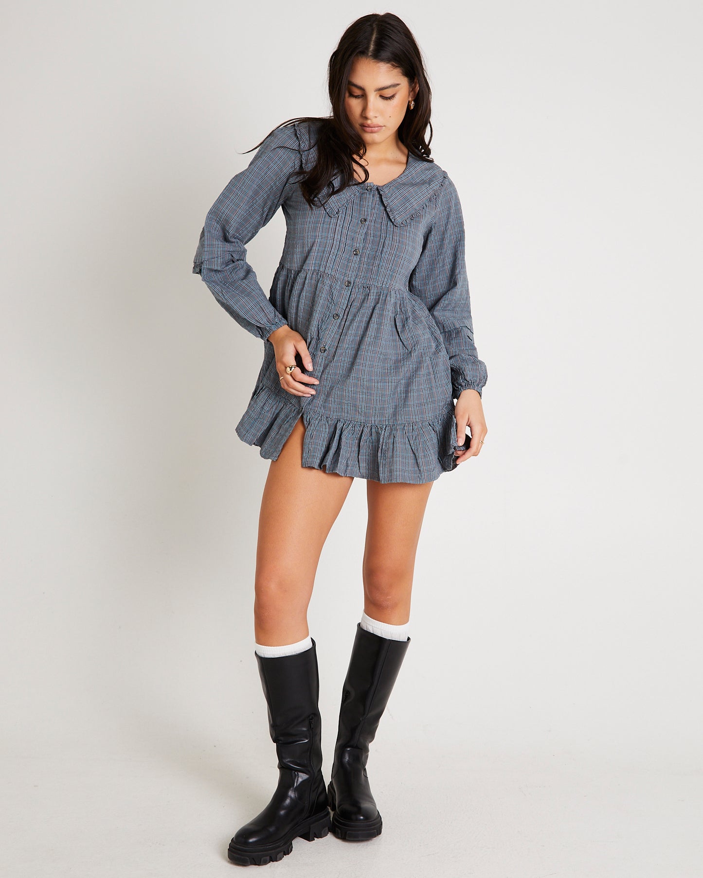BDG Check Collar Long Sleeve Mini Dress