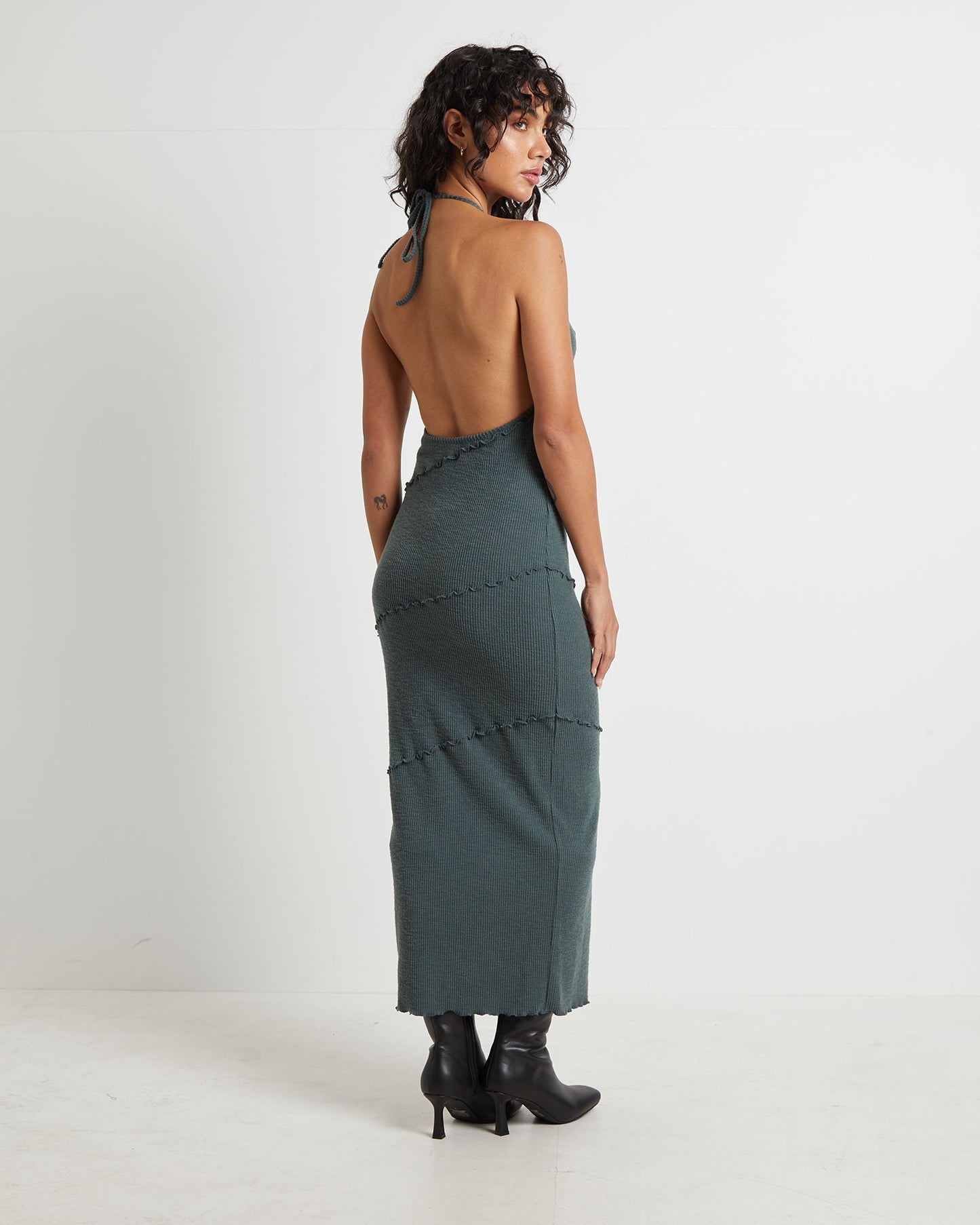 Daphne Panelled Seam Backless Halter Dress in Slate