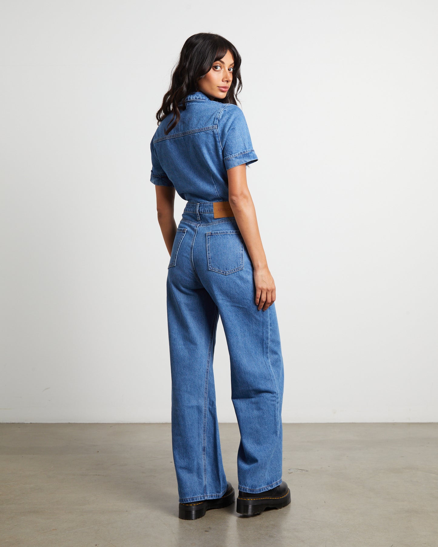 Miami Hemp Denim Flared Jumpsuit in Worn Blue