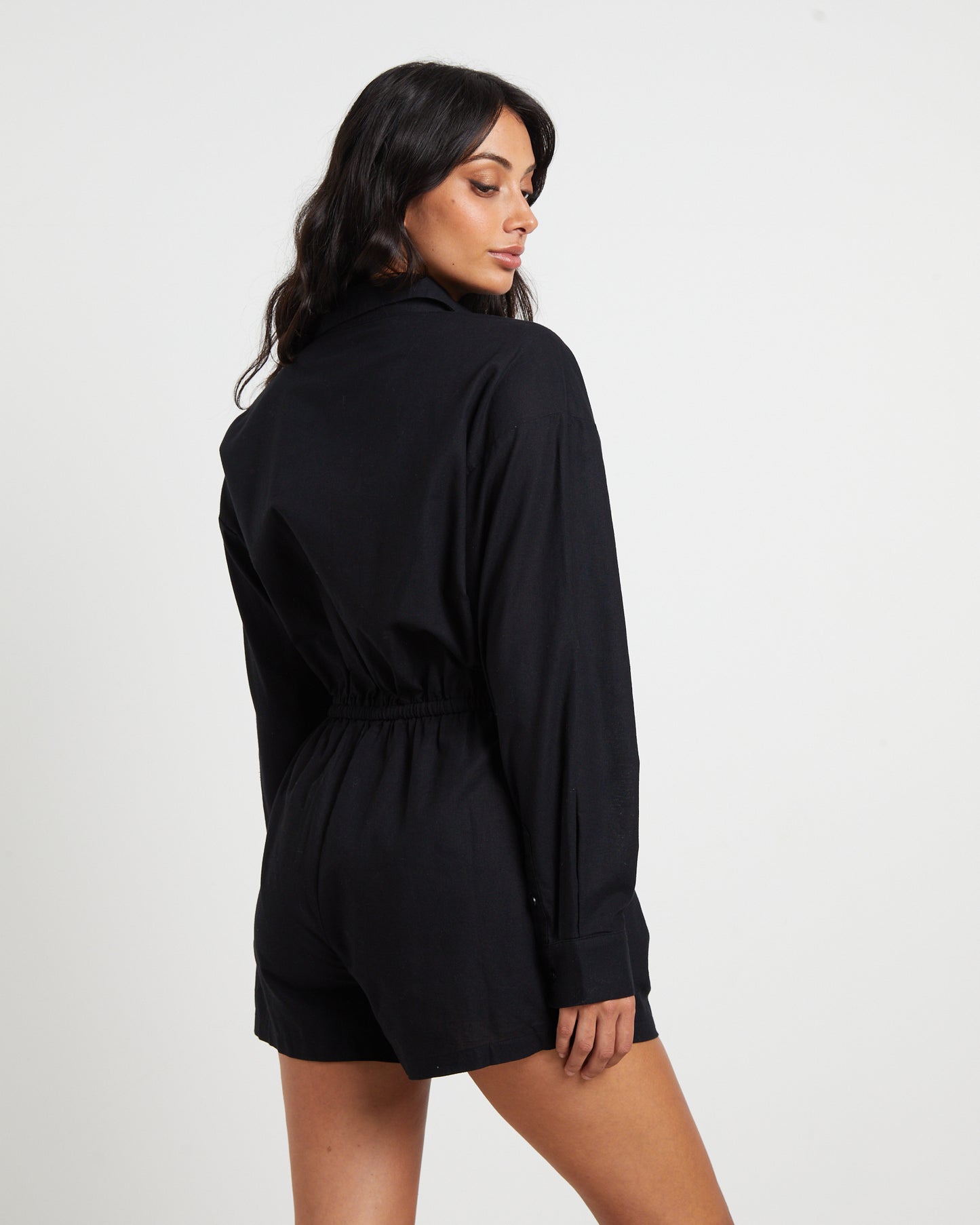 Joslin Boxy Long Sleeve Shirt Playsuit in Black