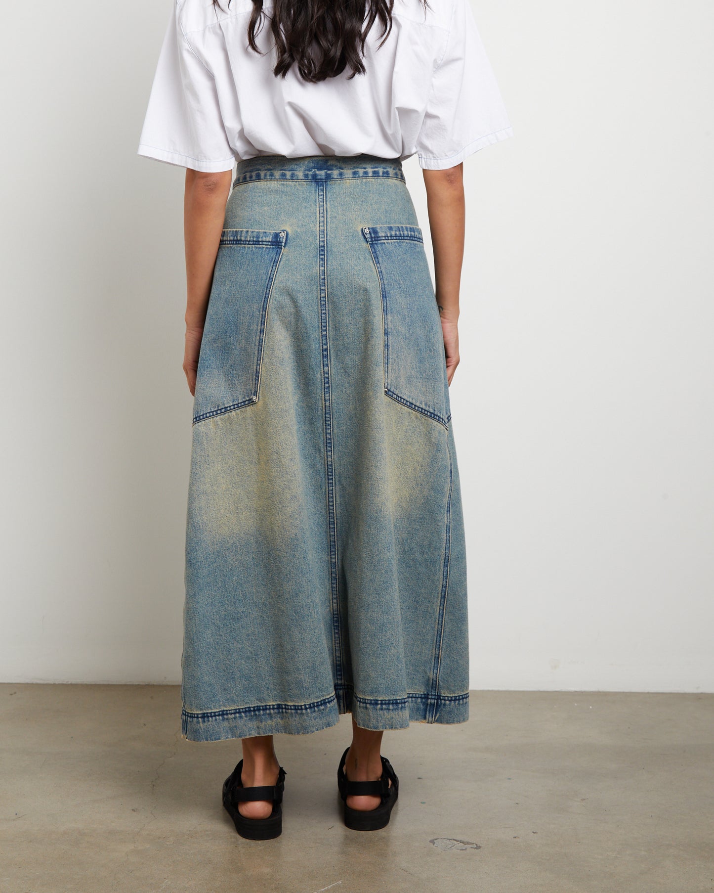 Wrap Denim Maxi Skirt in Dirty Wash