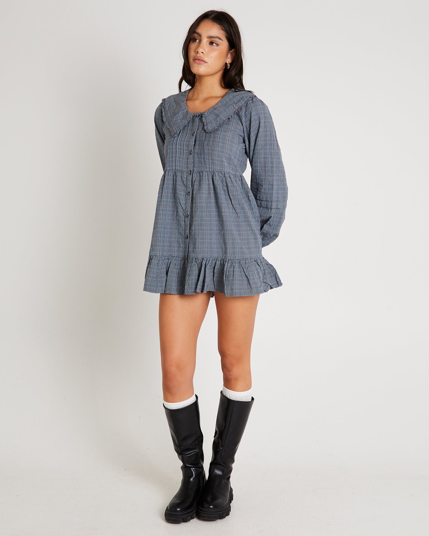 BDG Check Collar Long Sleeve Mini Dress