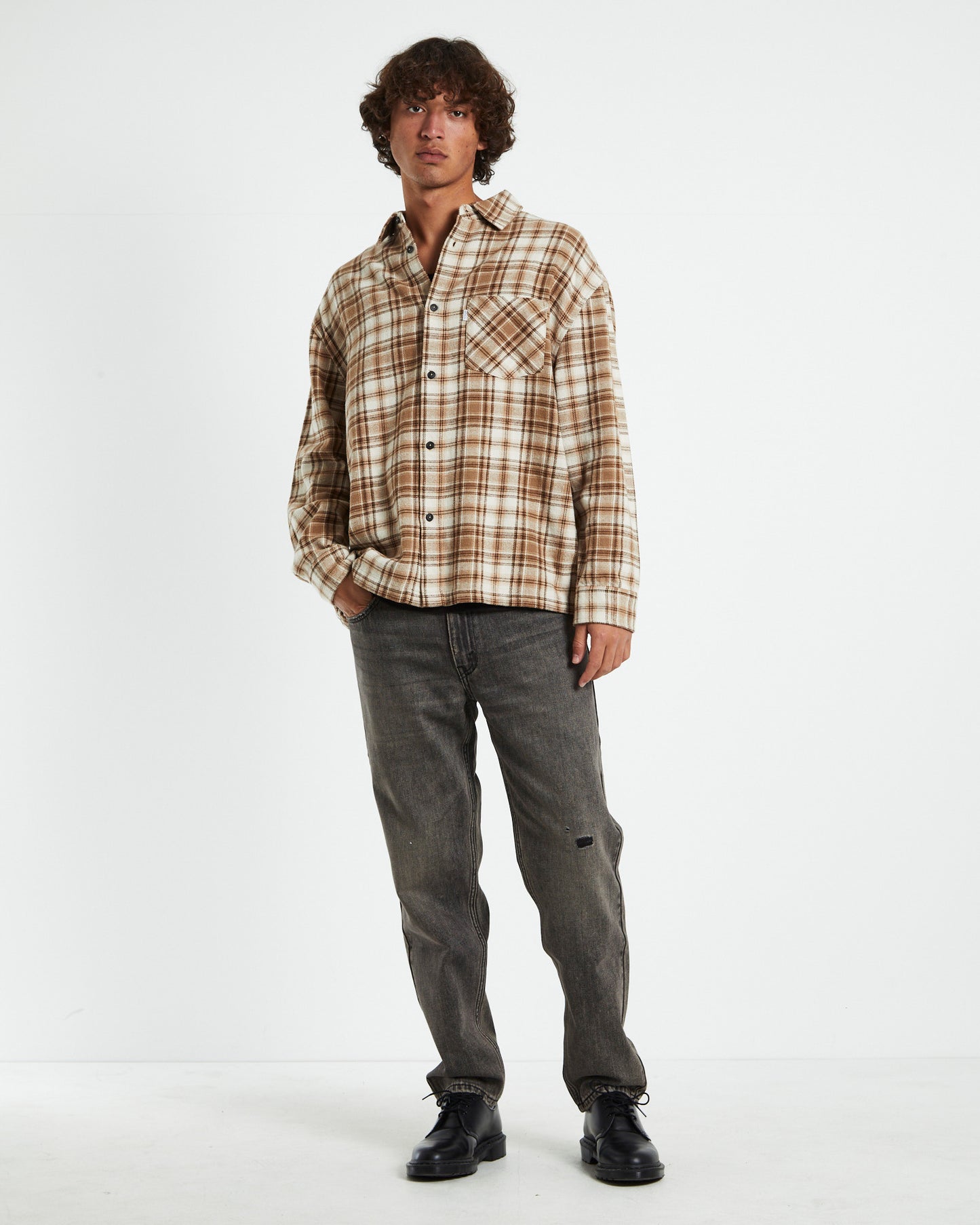 Portland Long Sleeve Flanno Shirt Tan/Ecru