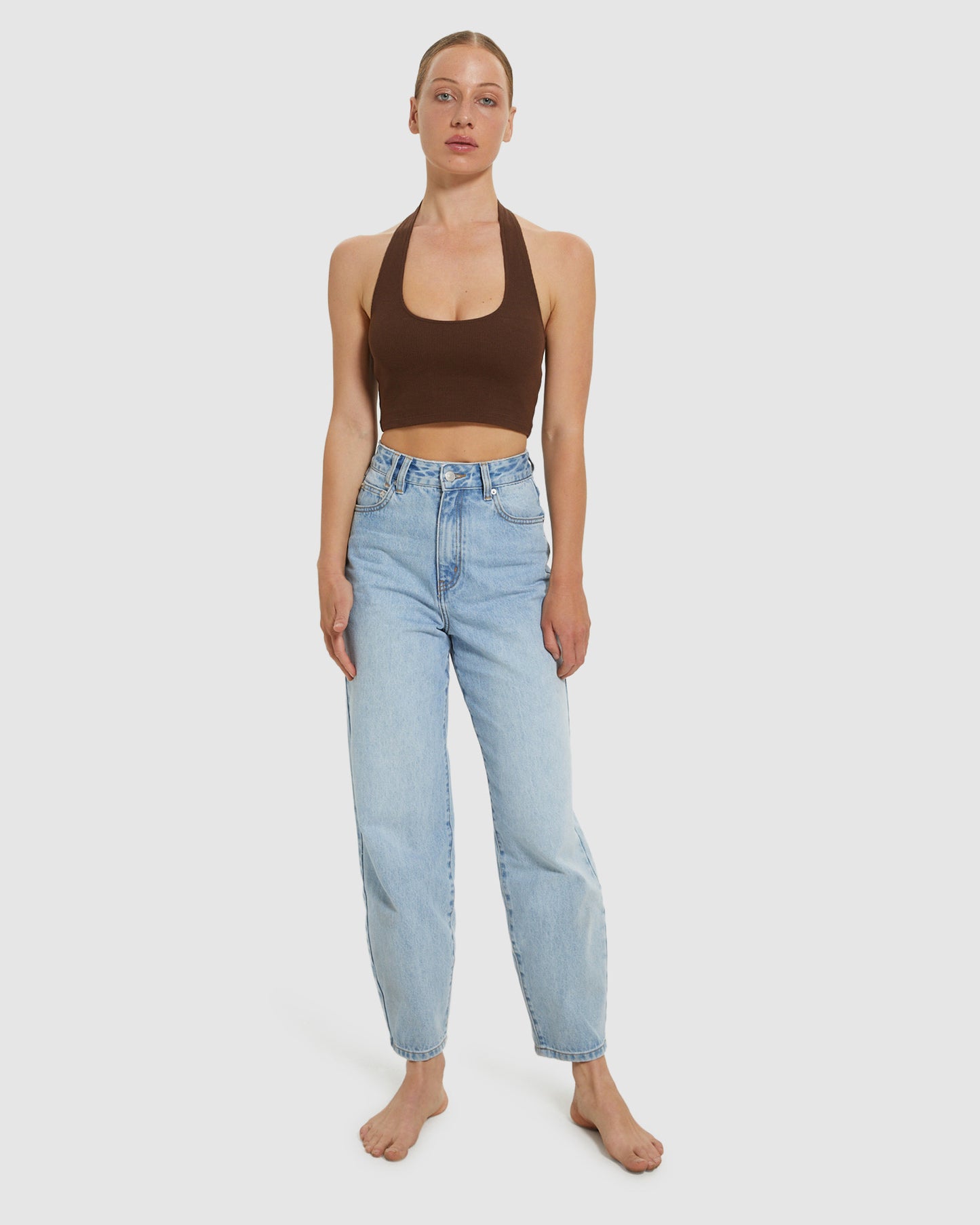 Halter Neck Rib Crop Top Chocolate Brown