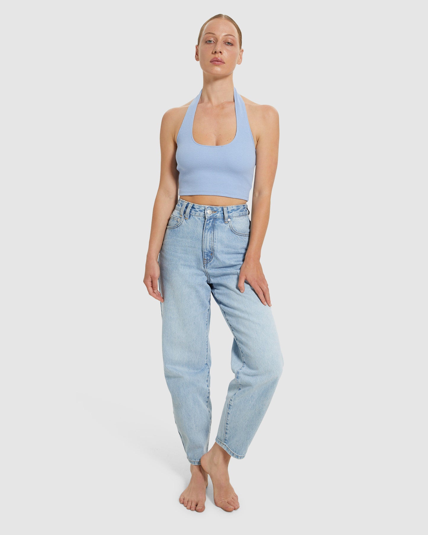 Halter Neck Rib Crop Top Blue