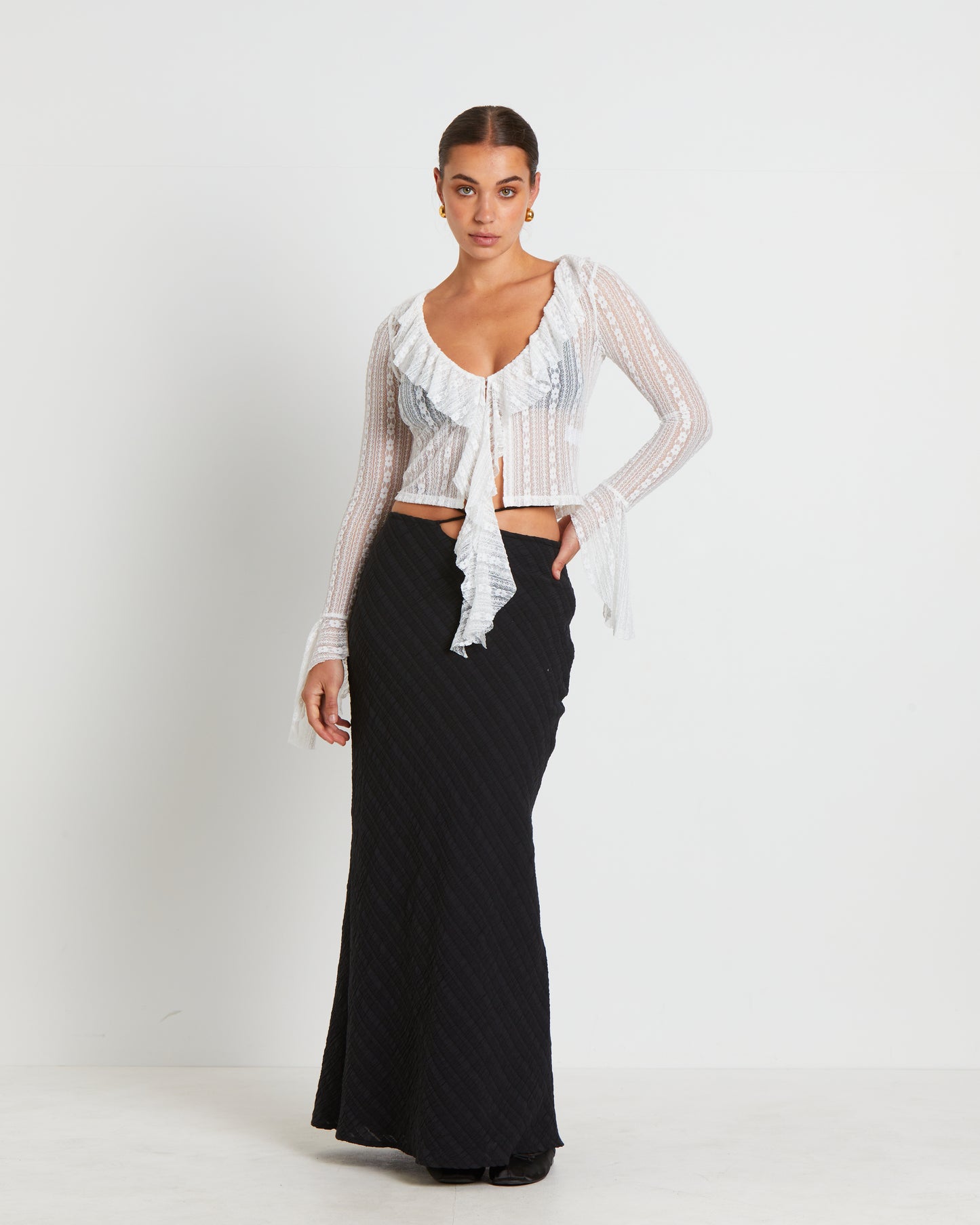 Janie Fairy Core Lace Plunge Shirt in Cream