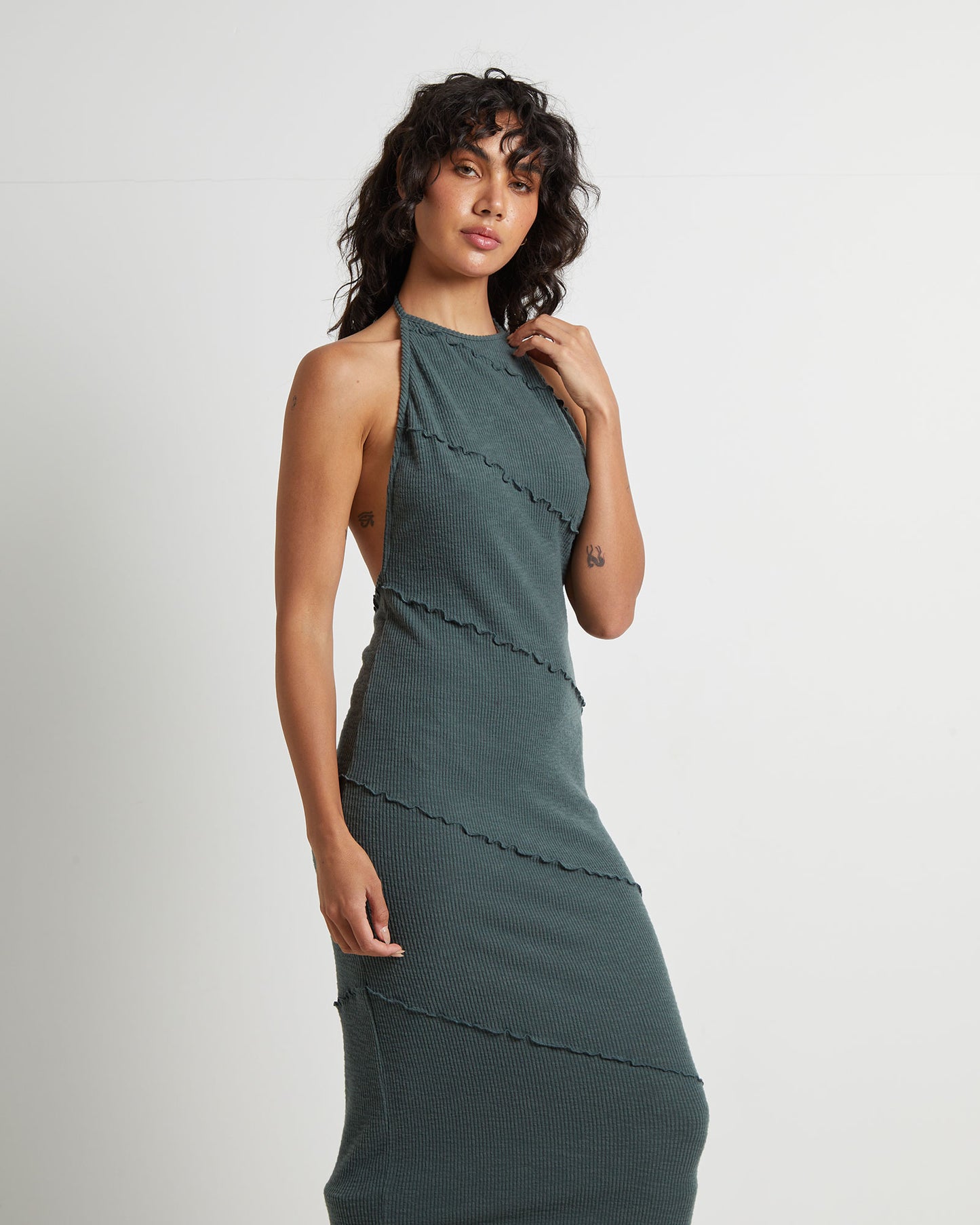 Daphne Panelled Seam Backless Halter Dress in Slate