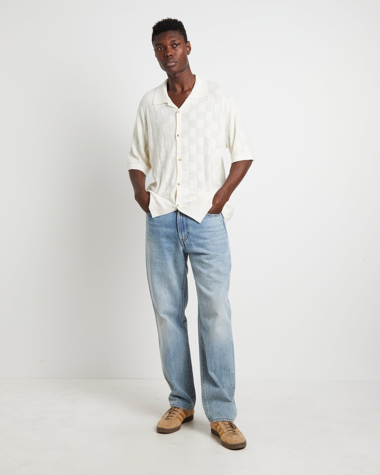 Checker Knit Short Sleeve Shirt in Natural