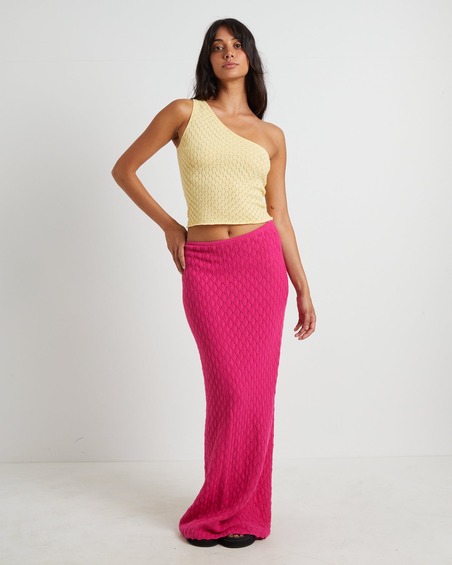 Kerby Crochet One Shoulder Top in Lemon