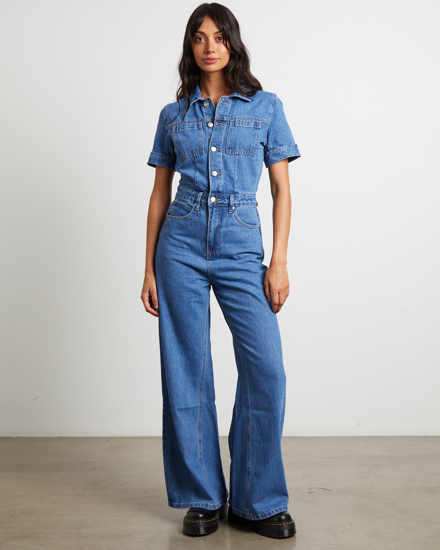 Miami Hemp Denim Flared Jumpsuit in Worn Blue