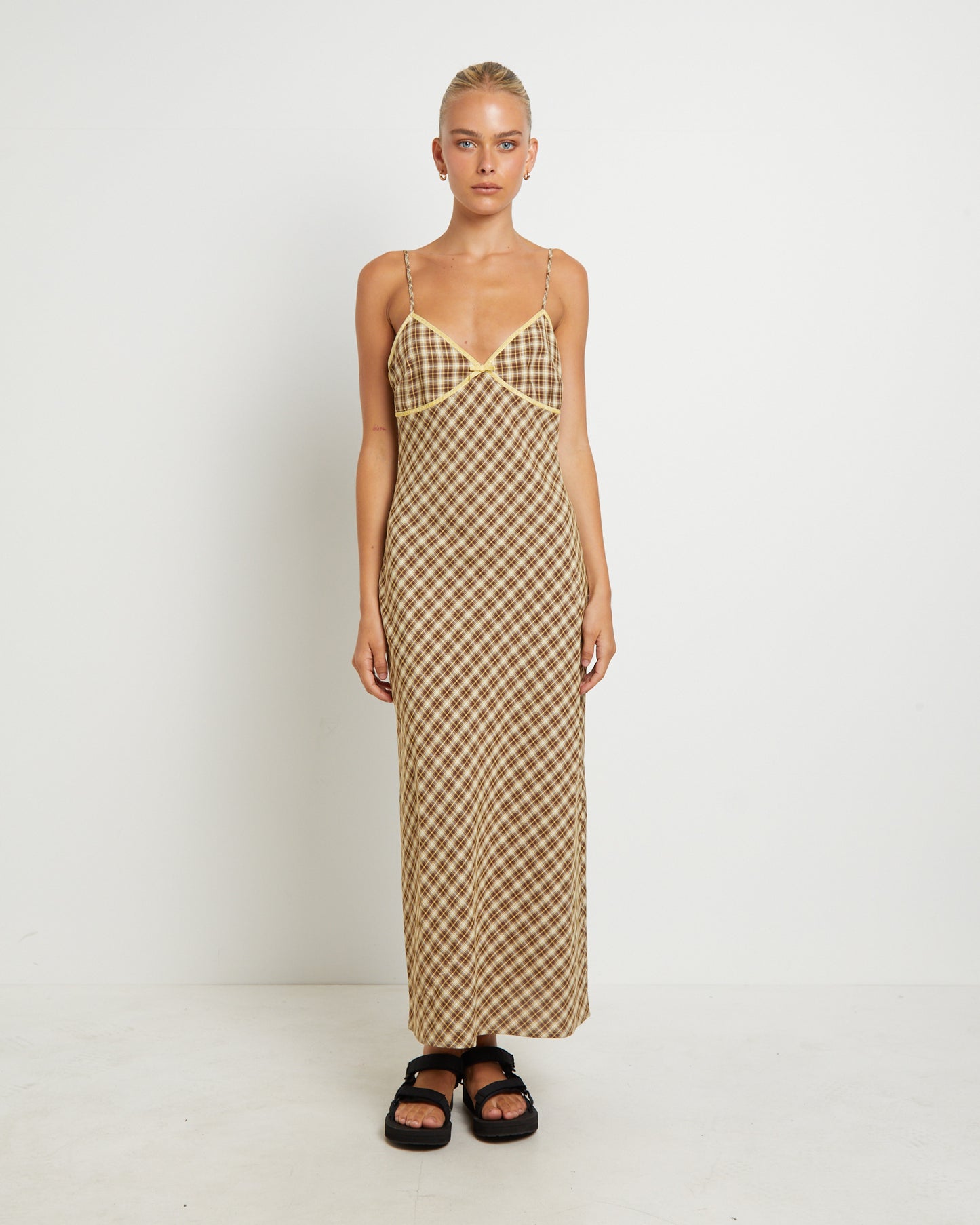 Jenny Plaid Bias Midi Dress in Assorted