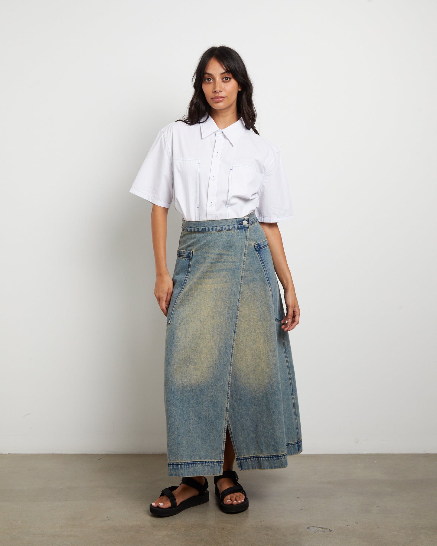 Wrap Denim Maxi Skirt in Dirty Wash