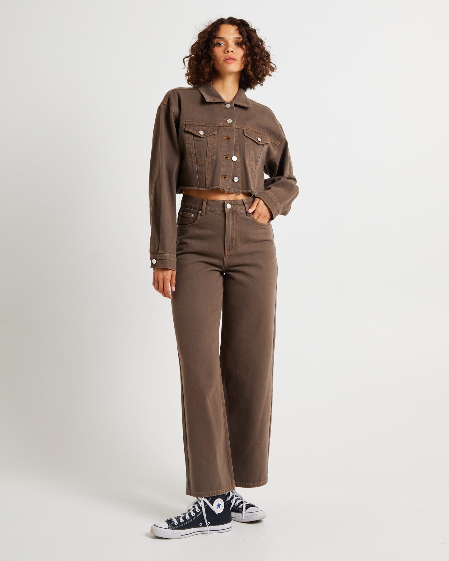 Mia Crop Denim Jacket Washed Sepia