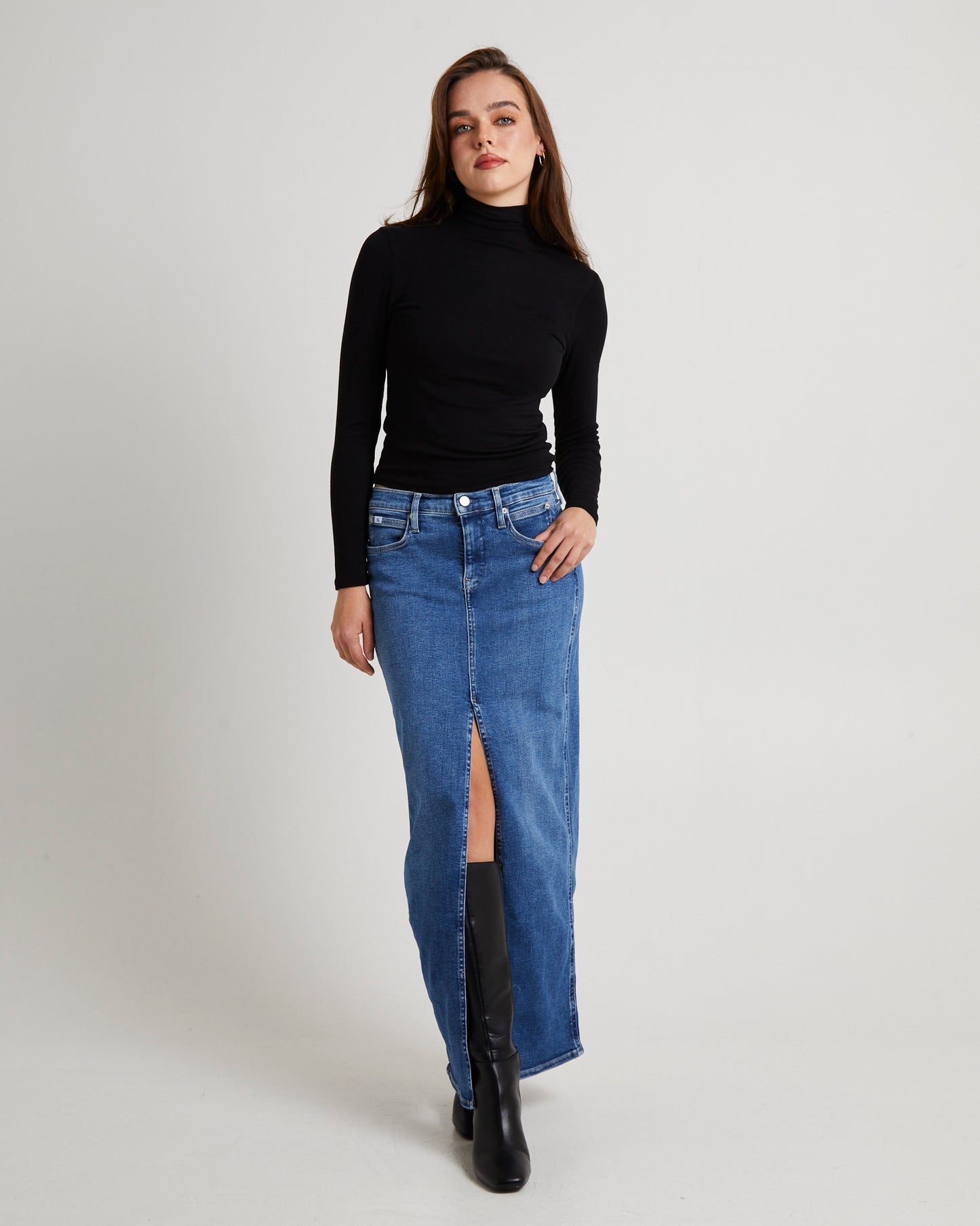 Front Split Hem Denim Maxi Skirt