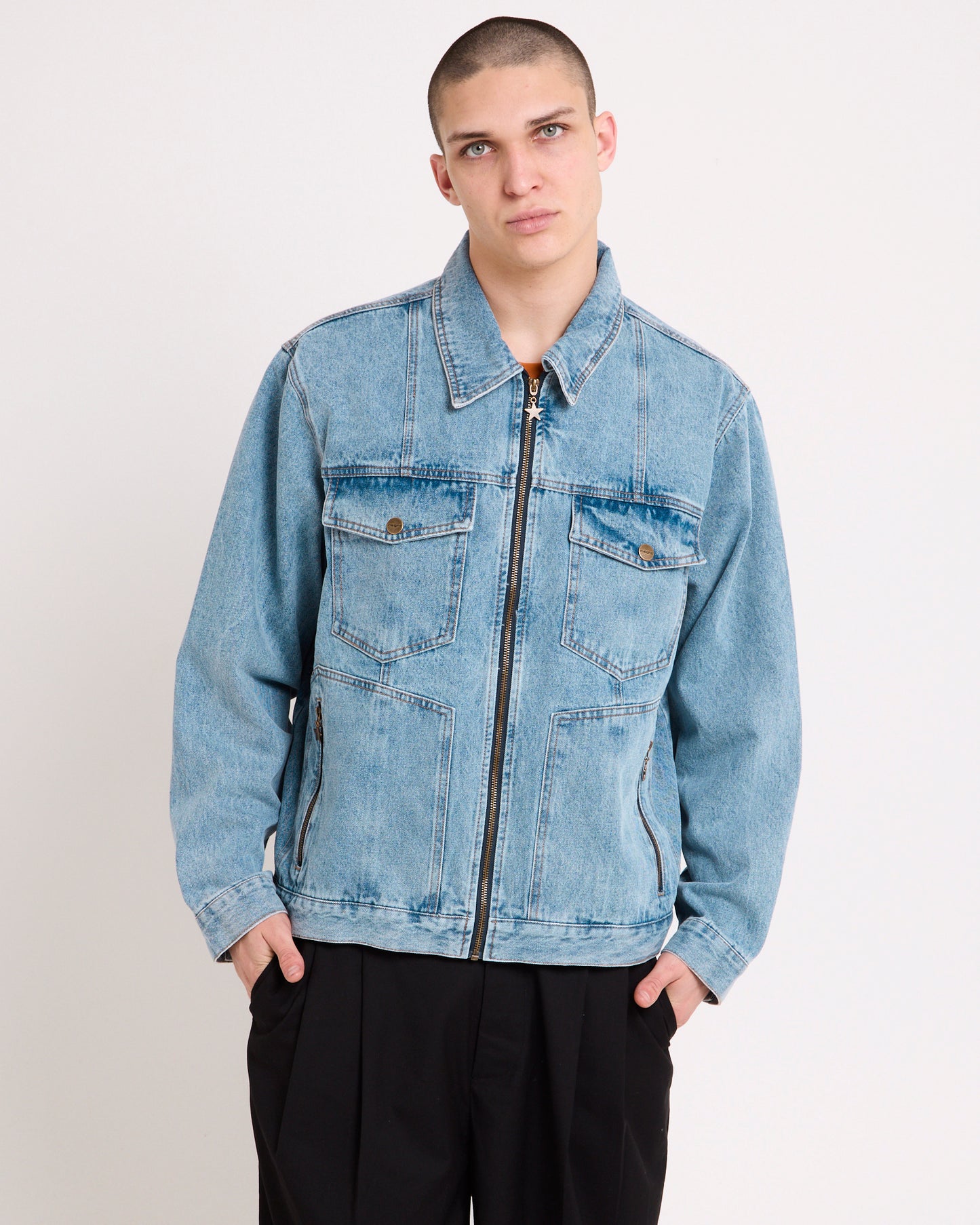 Halls Cropped Harrington Denim Jacket