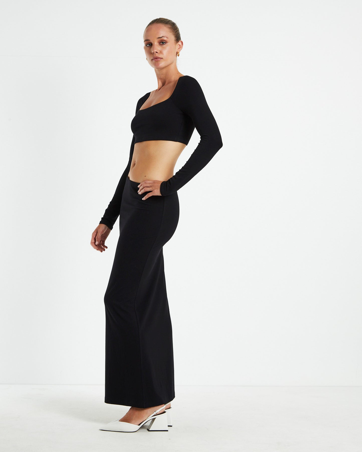 Polly Slinky Long Sleeve Crop Top Black