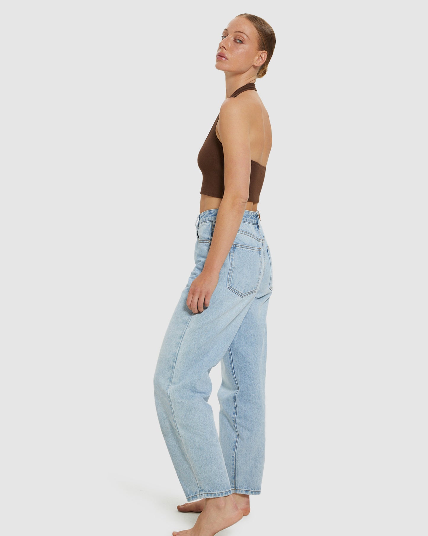 Halter Neck Rib Crop Top Chocolate Brown