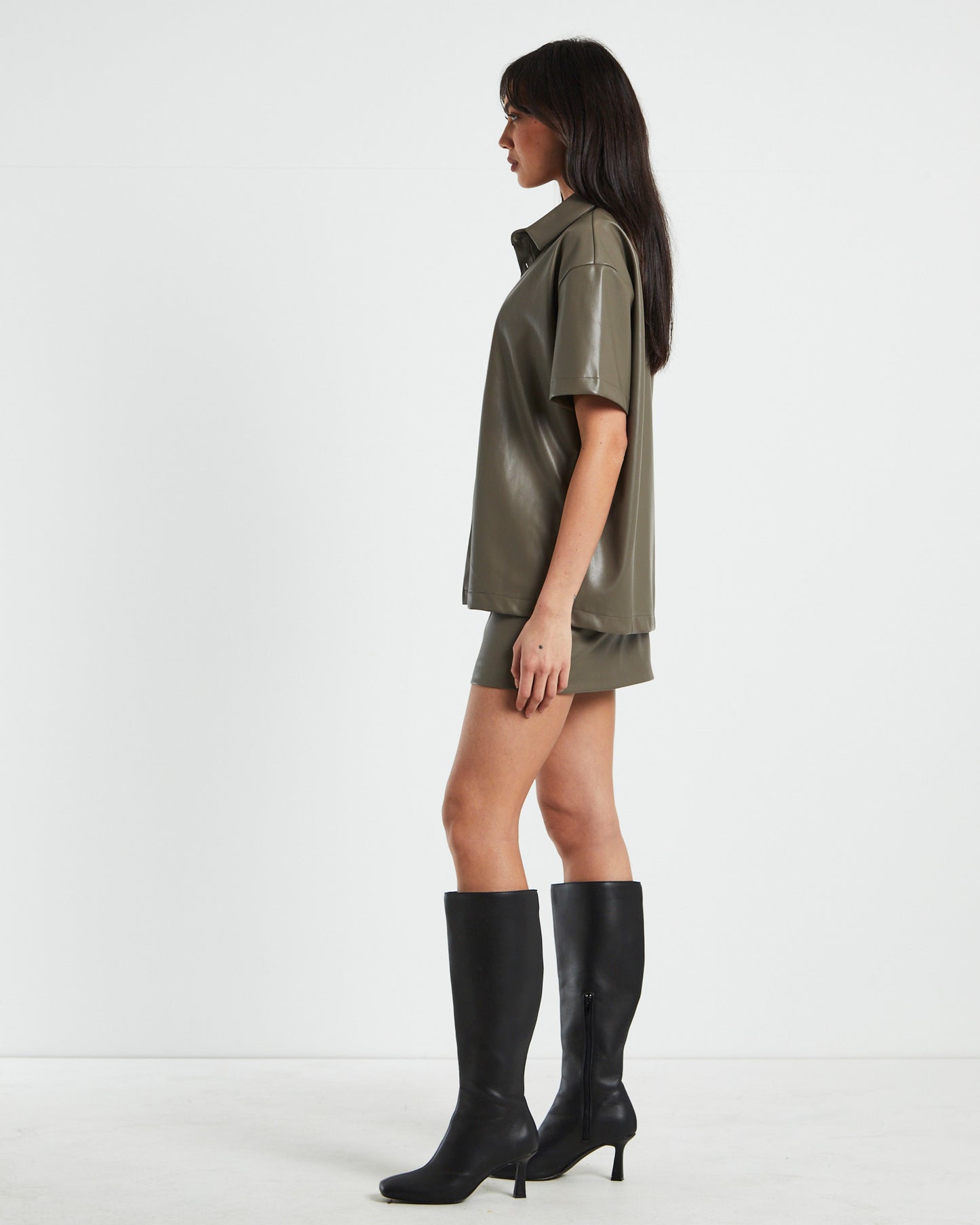 Phoebe Leather Look Shirt in Putty