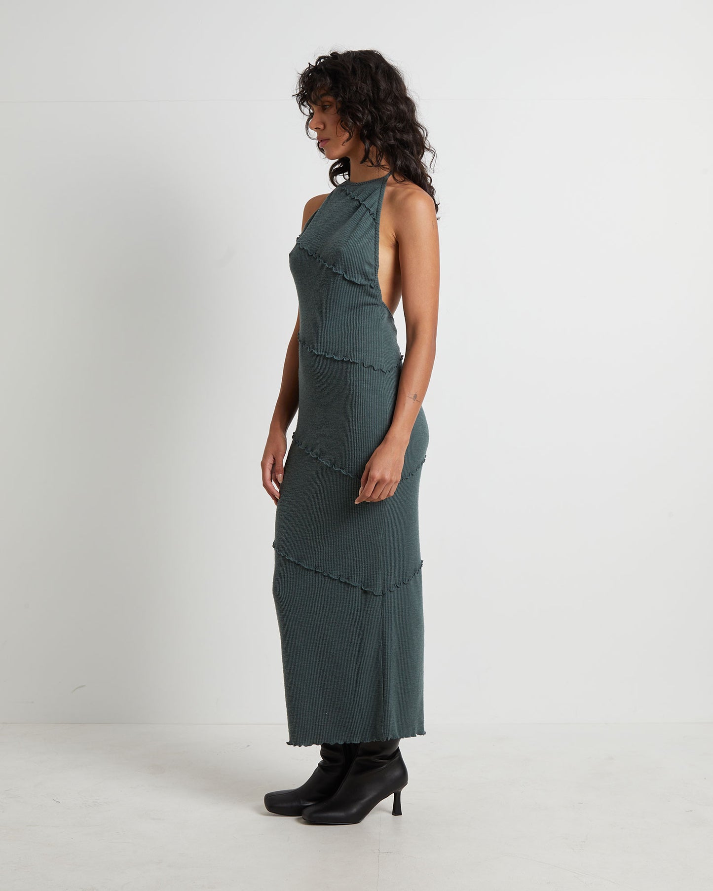 Daphne Panelled Seam Backless Halter Dress in Slate