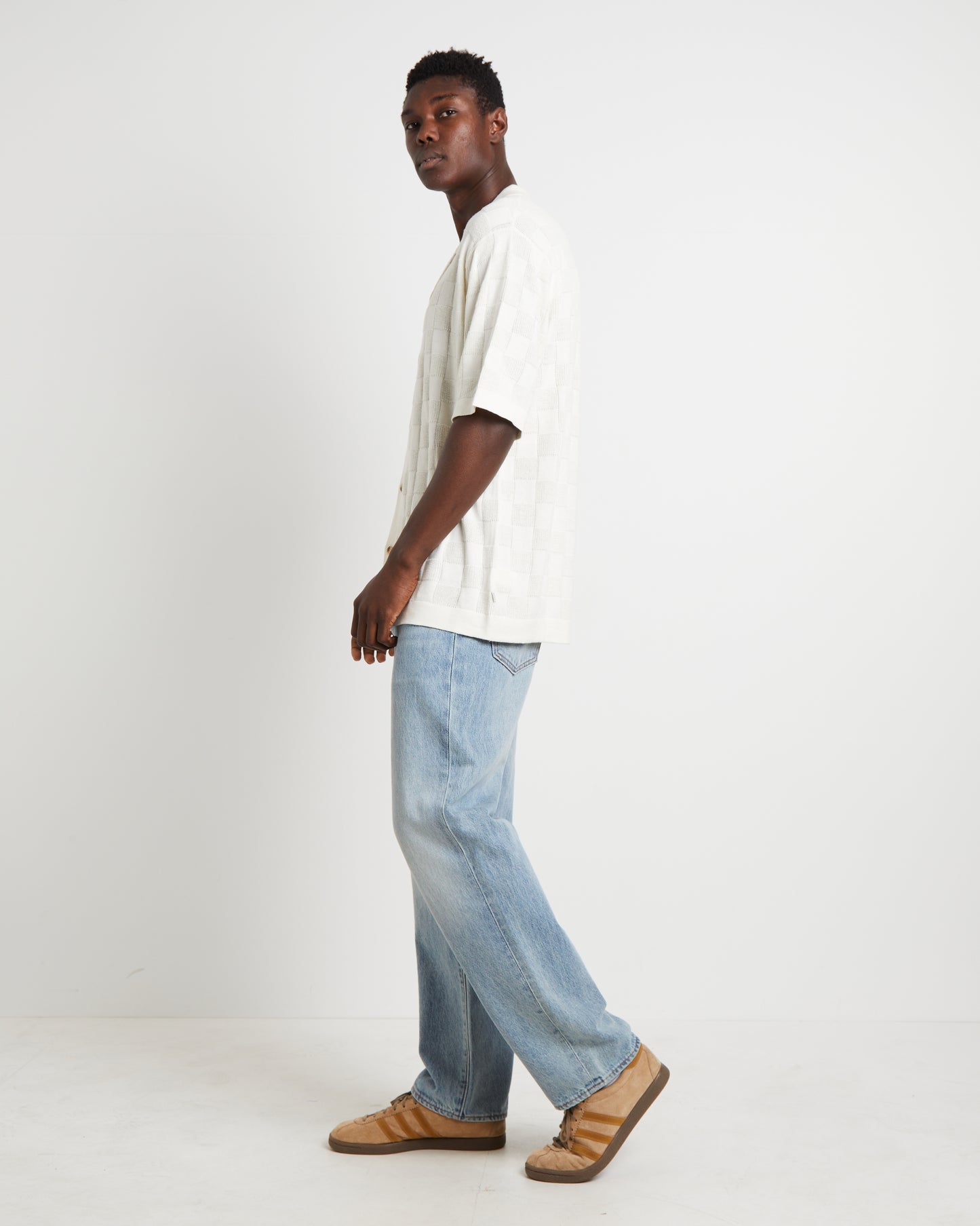 Checker Knit Short Sleeve Shirt in Natural