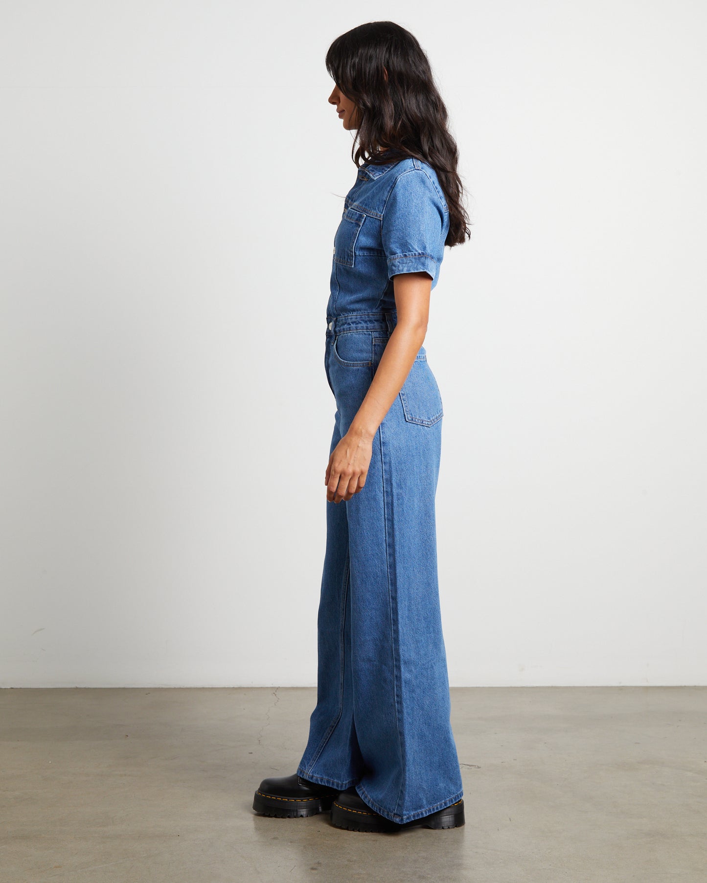 Miami Hemp Denim Flared Jumpsuit in Worn Blue