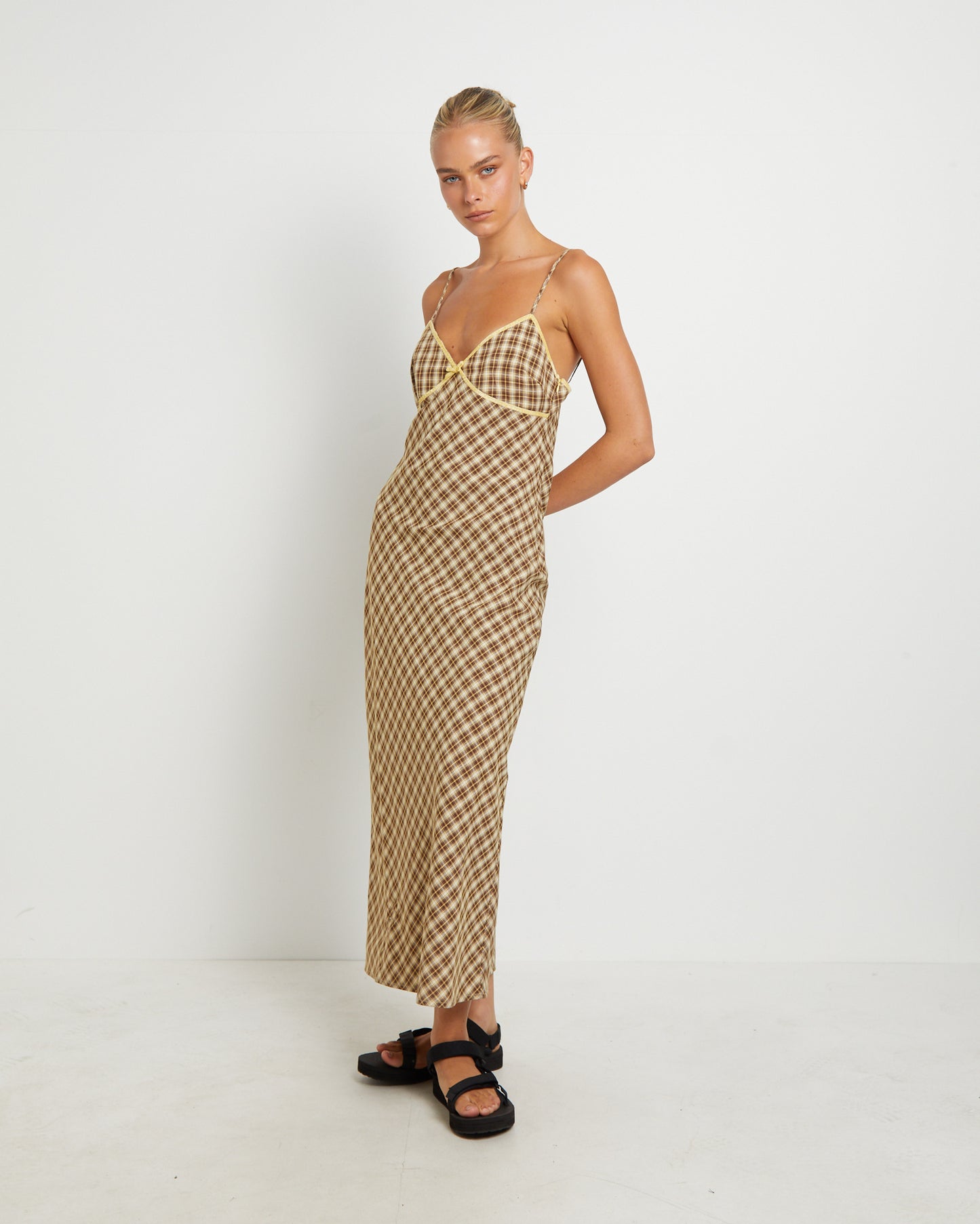 Jenny Plaid Bias Midi Dress in Assorted