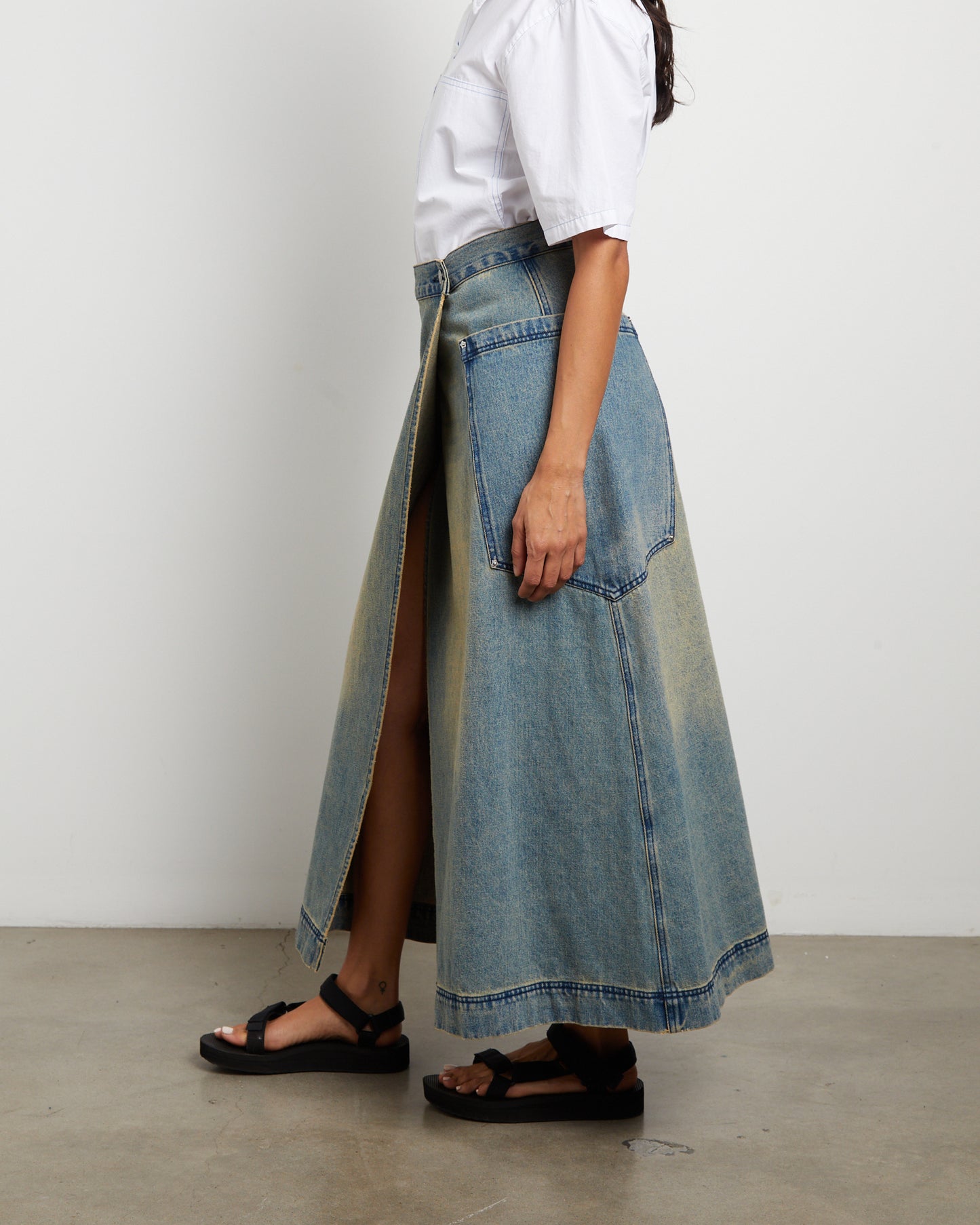 Wrap Denim Maxi Skirt in Dirty Wash