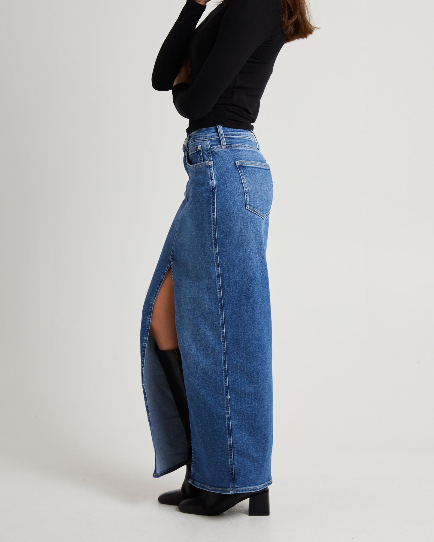Front Split Hem Denim Maxi Skirt