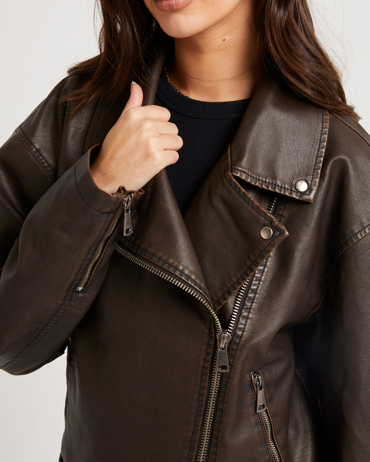 Ines Distressed Biker Jacket LIGHT BROWN