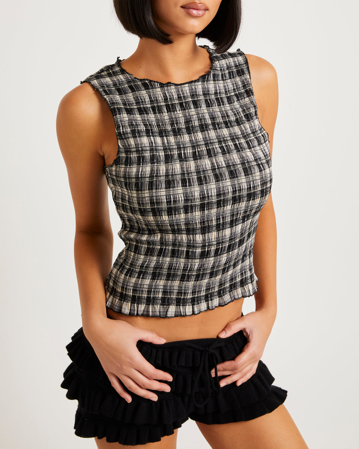 Molly Shirred Top GREY CHECK