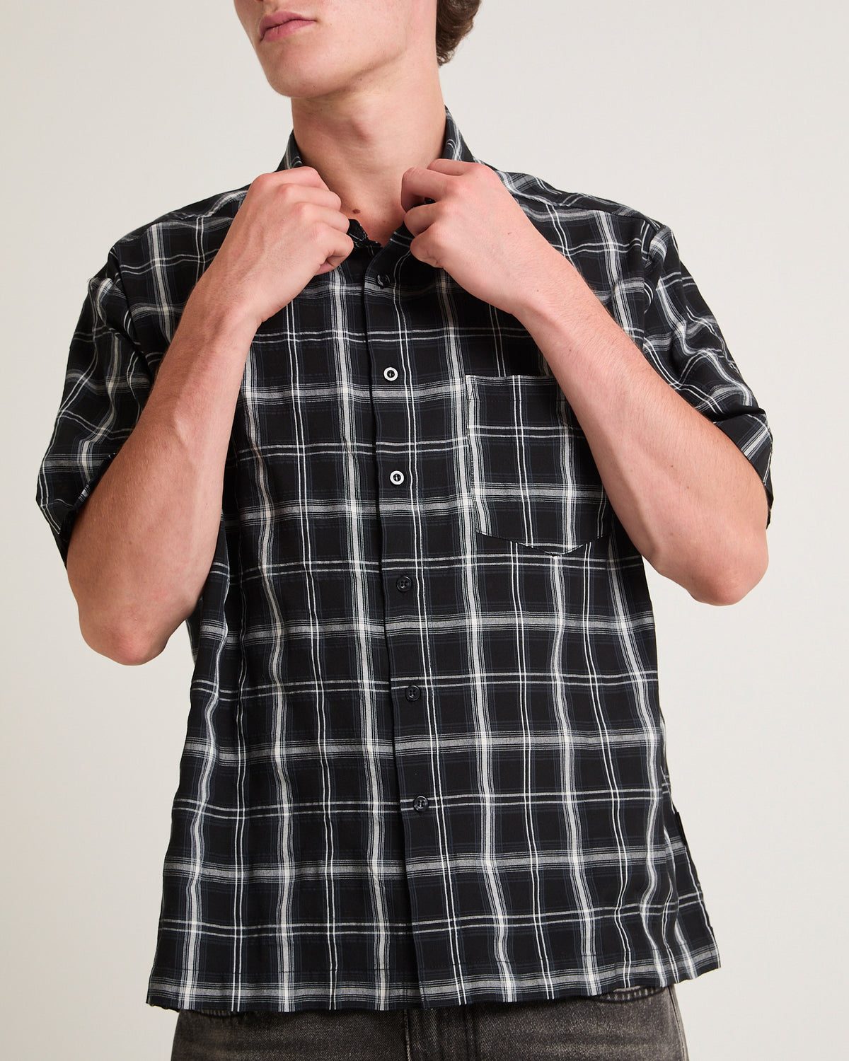 Figment Box Short Sleeve Check Shirt BLACK GREY