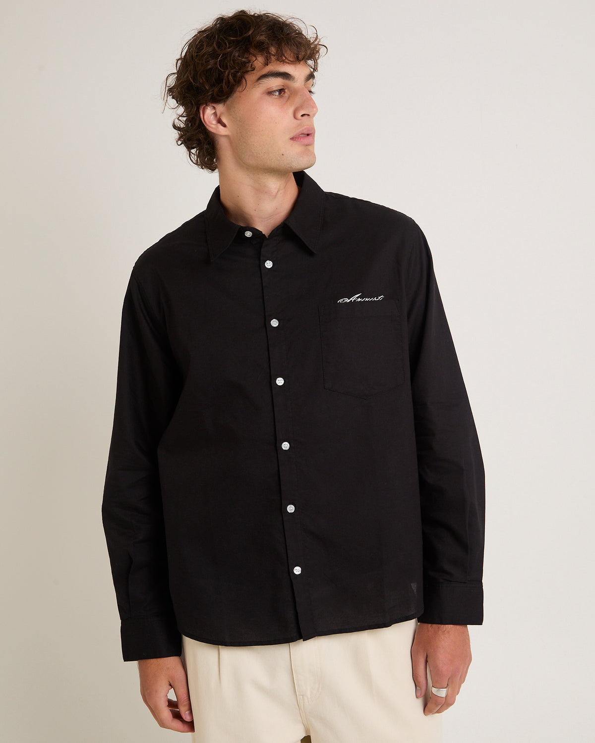 Script Oxford Long Sleeve Shirt BLACK