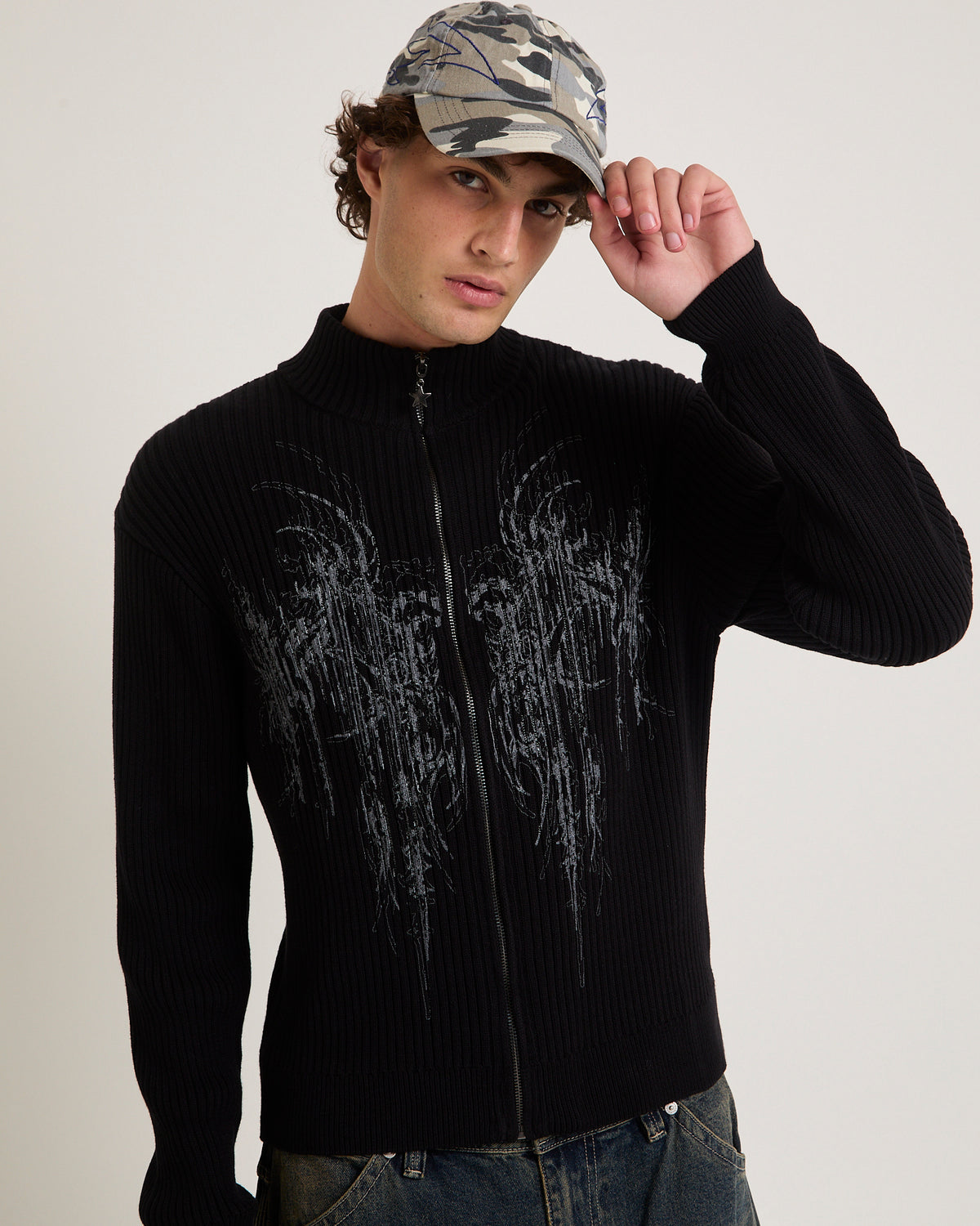 Funnel Neck Zip Through Knit Jumper BLACK