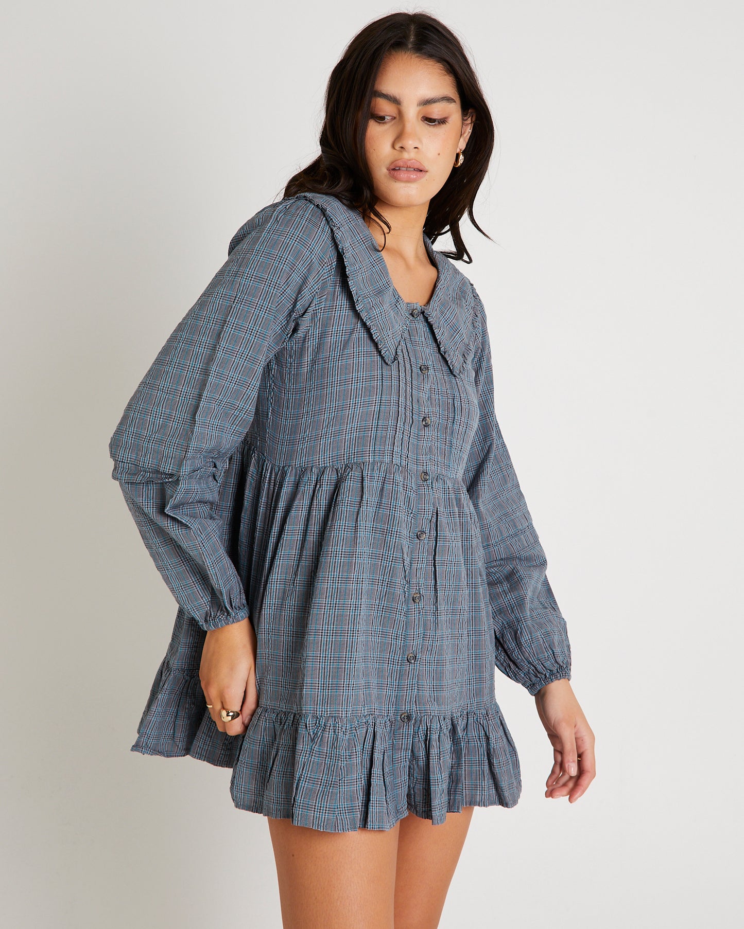 BDG Check Collar Long Sleeve Mini Dress