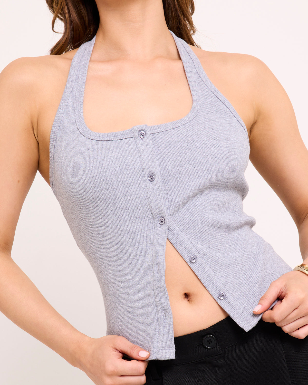 Saga Rib Button Halter Tank GREY MARLE