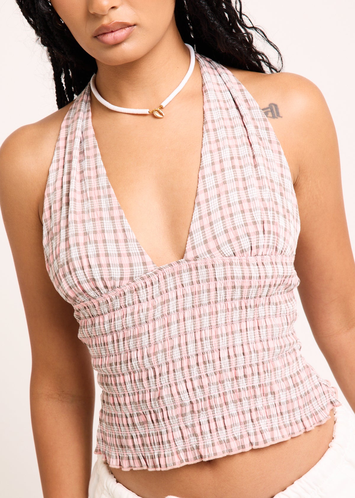 Juno Shirred Plunge Top CHECK