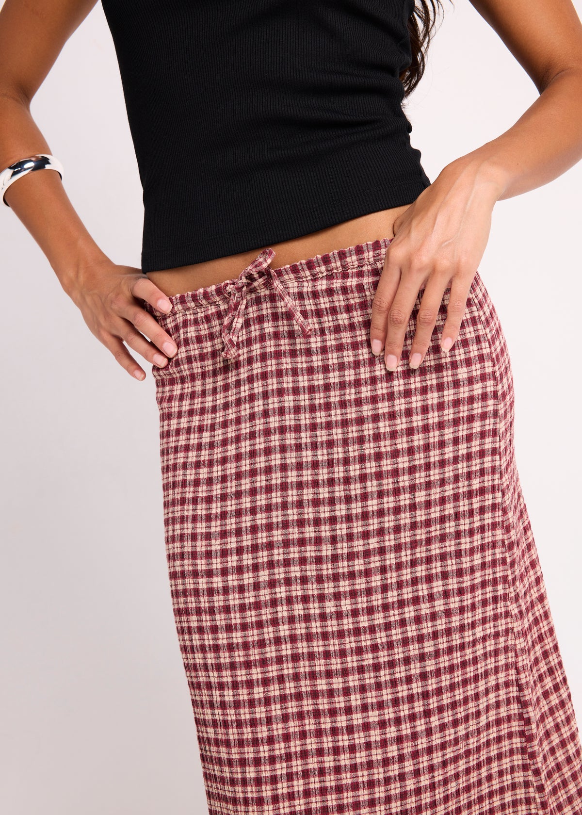 Capricorn Seersucker Maxi Skirt BURGANDY / BEIGE CHECK