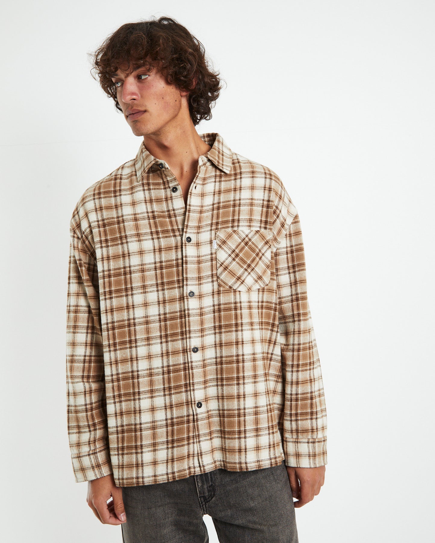 Portland Long Sleeve Flanno Shirt Tan/Ecru